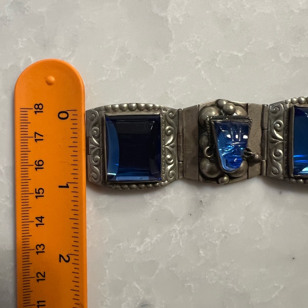 Vintage Taxco Signed Sterling Silver Blue Glass Panel Link Bracelet - Picture 6 of 11